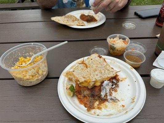 Elotes, chicken & cheese quesadilla and Birria & cheese pupusas