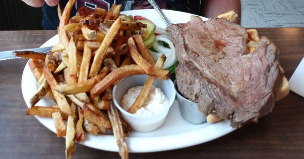 Open-faced prime rib sandwich and homemade fries!