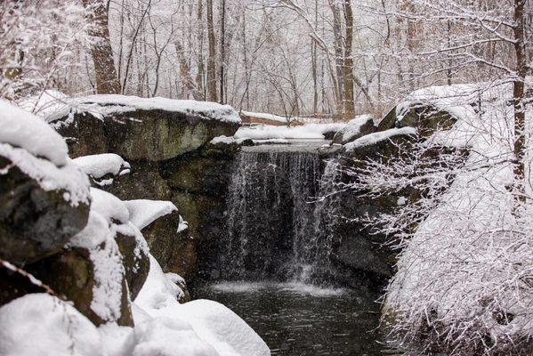 Central Park's waterfall in the Ravine landscape in the winter.