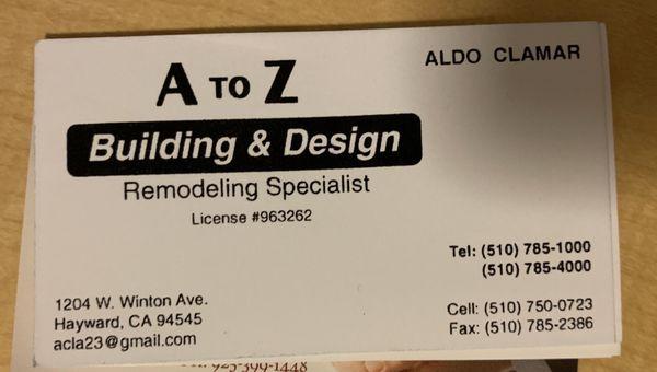 Business card of company given to me by aldo clamar