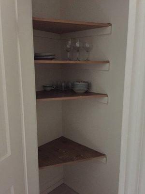 Pantry stocked with glasses, bowls, and plates for 6!