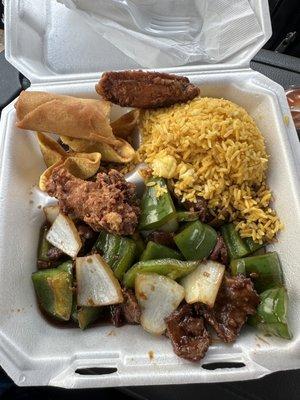 Pepper steak with onions, fried rice, deep fried wontons, egg roll, (2 bonus wings)