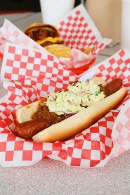 Chili dog with added coleslaw.