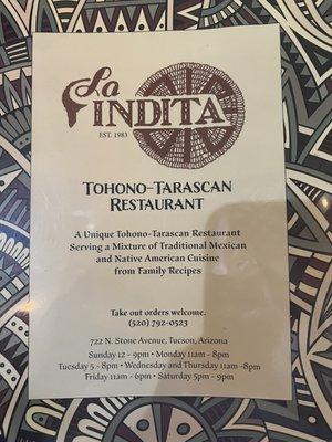 Front of La Indita menu