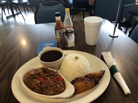 Ropa Vieja  White Rice Black Beans  PLATANOS MADUROS  SWEET FRIED PLANTAINS)