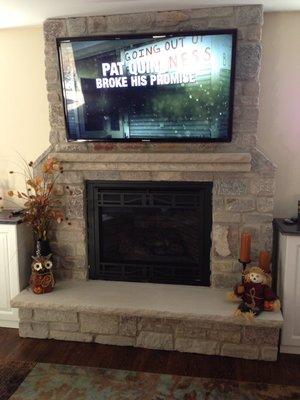 New family room stone fireplace