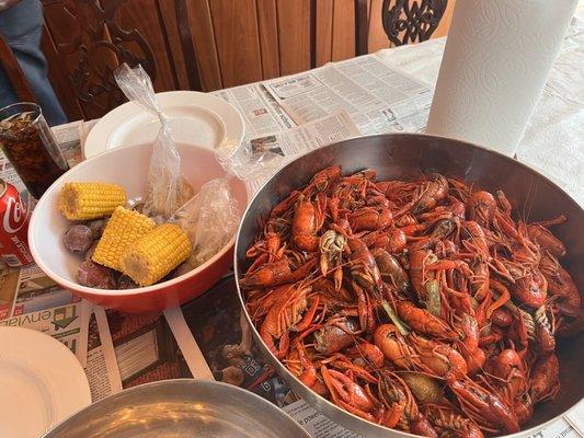 Boiled crawfish, potatoes, corn, and garlic