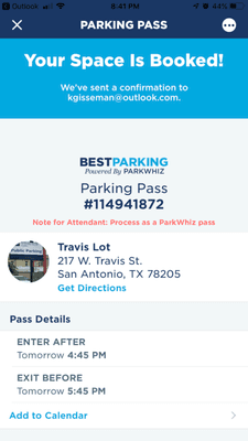 Valid parking pass from Best Parking app