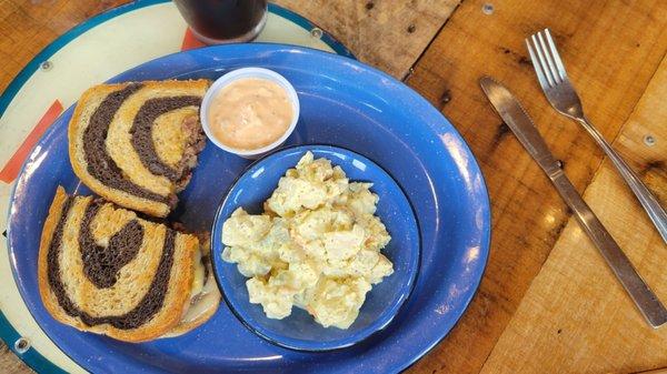 Patty melt with potato salad