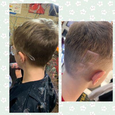 Left side before- right side after Haircut by Felix with a lightening bolt