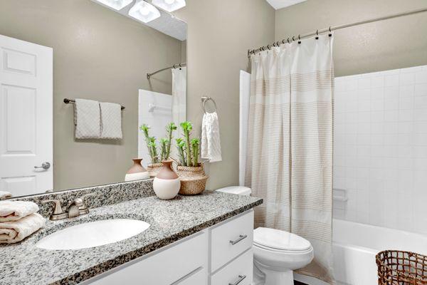 Bathroom with walk-in shower tub combo at Carrollton Park of North Dallas