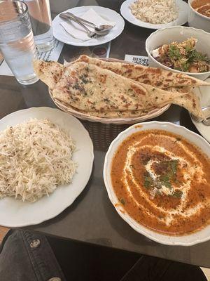 Butter chicken, samosa, cumin rice, garlic naan