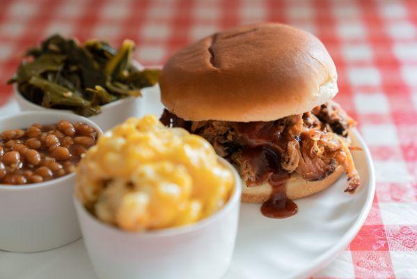 Pulled Pork Sandwich with Collard Greens and Baked Beans