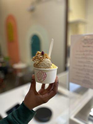 Baklava and saffron pistachio split scoop