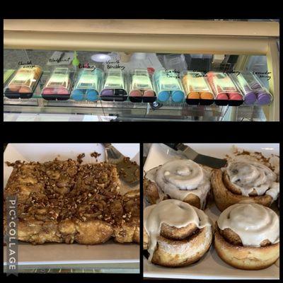 Macarons, pecan sticky buns, cinnamon rolls