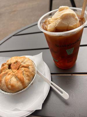 Very small chicken pot pie and coffee ice cream float