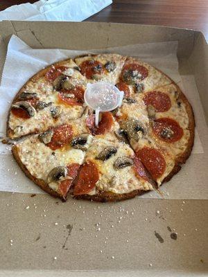 Cauliflower pepperoni/mushrooms pizza