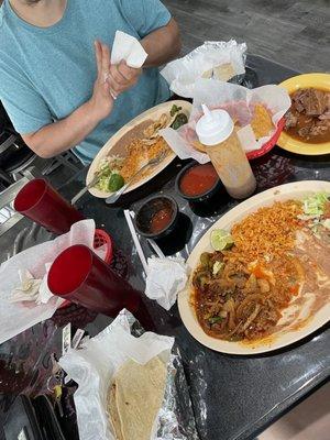 Phone definitely did not eat first - steak ranchero + pollo asado + birria sample