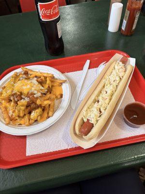 Chili Cheese Fries with onion and Coleslaw Footlong with bbq sauce