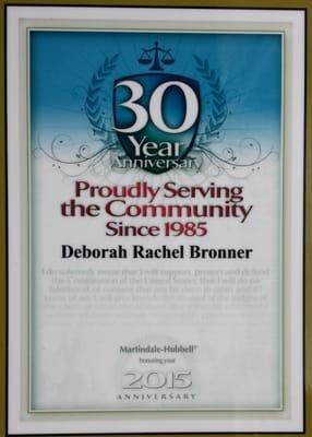 Plaque from Martindale-Hubbel for 30 year anniversary for service in the community.