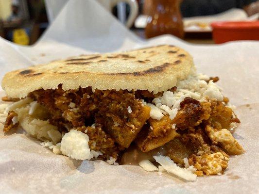 Gordibuena Gordita: Filled with chorizo, eggs, home tortilla chips, beans, and queso fresco.