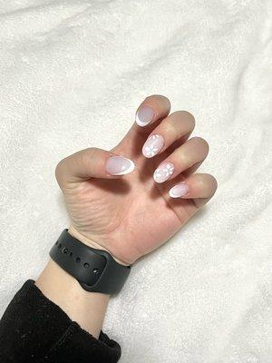 acrylic powder with gel details  Almond tips