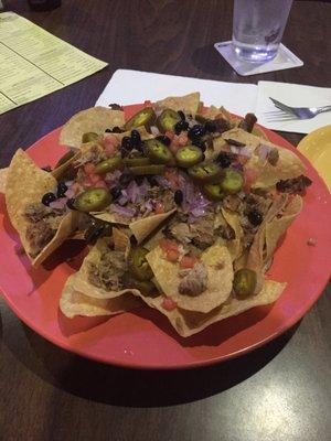 BBQ nachos. Cheese and BBQ sauce on the side for gluten free.