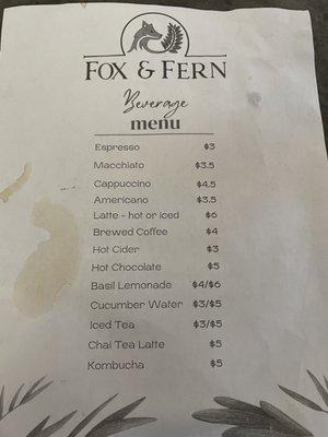 Beverage menu