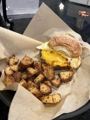 Beef Patty Breakfast burger & house potatoes