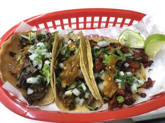 Beef (fajita), brisket and pastor tacos