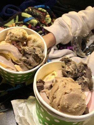 Strawberry shortcake and cookies-n-cream cake batter froyo with chocolate chip cookie dough and brownie dough toppings.