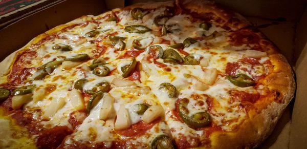 Extra cheese, pepperoni, jalapenos, pineapple