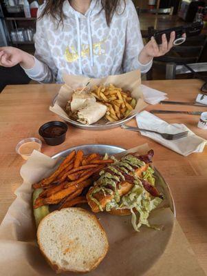 Salmon BLT and a Buffalo Chicken Caesar Wrap