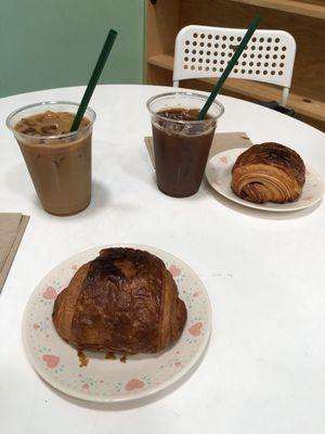 Chocolate croissant and iced coffee