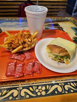 One of the best Double Cheeseburgers in town with Seasoned Fries & a Diet Coke!