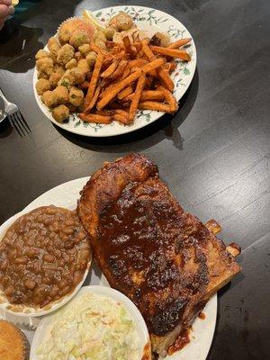 Bbq rib special (beaked beans and coleslaw) and seafood trio special (fried okra and sweet potato fries)