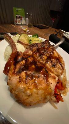 Pork chops, truffle mashed potatoes and steamed veggies.