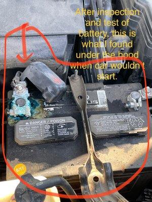 Battery was supposedly tested for a cross country road trip.  This is the after picture of all repairs none were done see invoice.