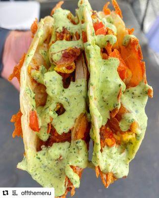 Basturma Breakfast Tacos with a cheese crust and topped off with our fresh Cilantro Lime Crema sauce