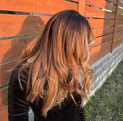 Balayage and trim from Tiffany in golden hour lighting