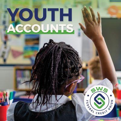 "Youth Accounts" student in class, viewed from behind, raising her hand, logo.