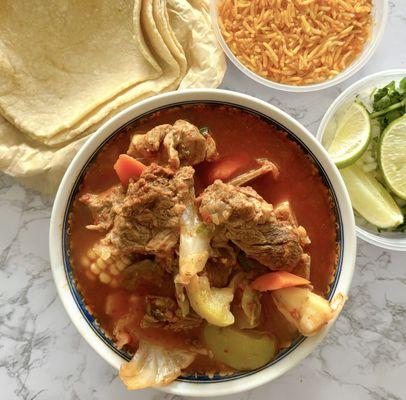 Mole de Olla: Mexican Beef Stew w/ rice, handmade tortillas ($14.50)