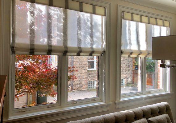 Custom Light Filtering Flat Roman Shades Featured Whimsical Stripes by Curtain Couture