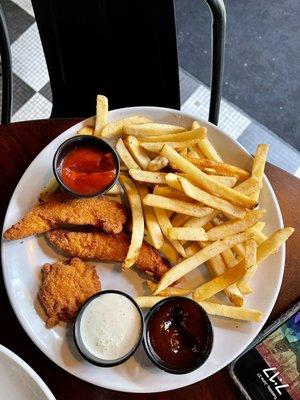 Chicken tenders and fries (i ate a few tenders before taking the photo)