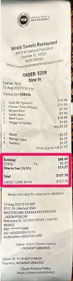 15 percent "Dine-in" fee. Outrageous.