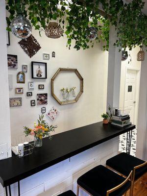 One of two countertop seating areas