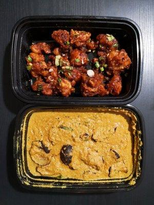 T - Cauliflower Manchurian ( vegan) - Fried Cauliflower in a soy chili sauce. B - Bagara Baingan. Eggplant in a peanut and yogurt sauce.