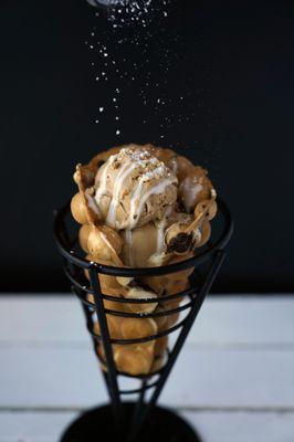 Two scoop oreo wafflato, with marshmallow and peanut toppings