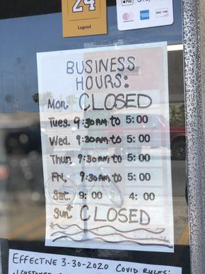 Shop Hours Effective 5/22/2020