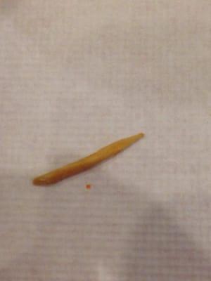 1/2 of a cooked toothpick found in my "Cashew"/Peanut Shrimp!  Poor food quality and mismanagement!